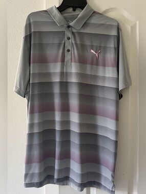 Puma Golf Polo Shirt Men’s XL Gray Pink Striped Performance Short Sleeve